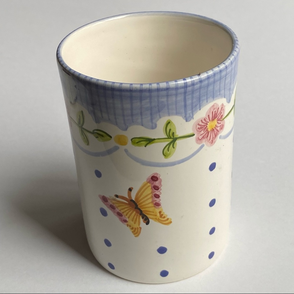 Casafina Vase Portugal Hand Painted Butterfly Floral Cup Tumbler Pen Holder EUC